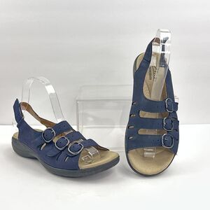 Clarks Sandals Womens 6.5 Navy Blue Nubuck Triple Buckle Sligback Wedge Saylie